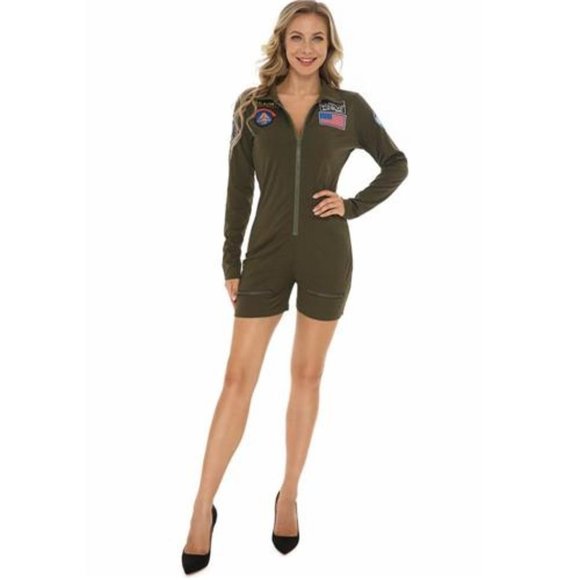 Top Gun Costume Women Maverick Flight Jump Suit Girls Union Green Pilot … - Picture 2 of 9